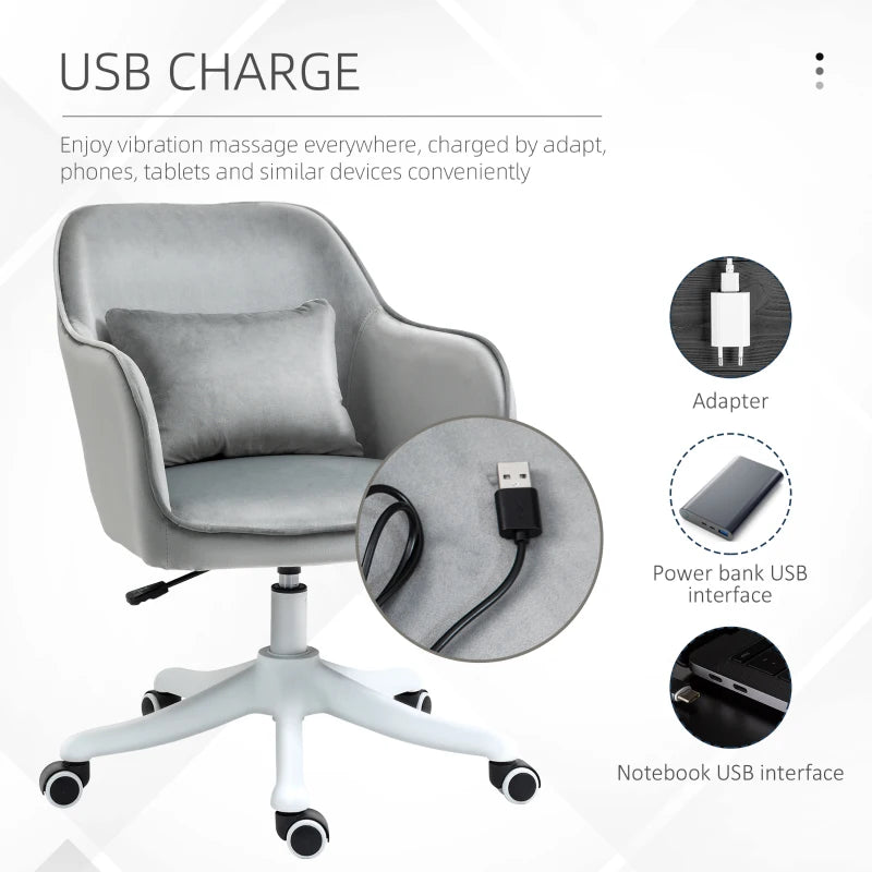 Grey Velvet Office Chair with Massage Lumbar Pillow