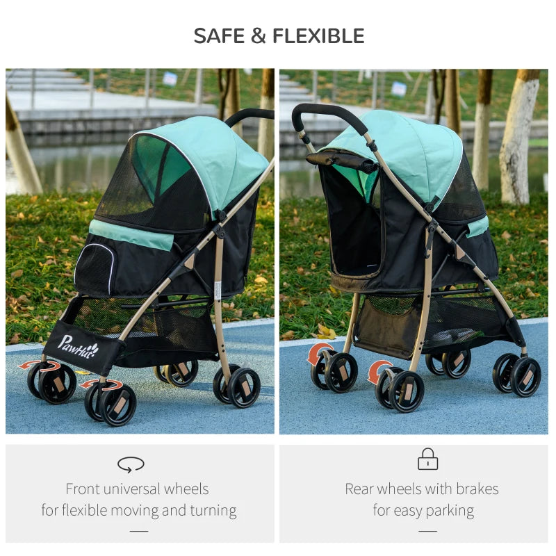 Green Pet Stroller for Small Dogs with Rain Cover