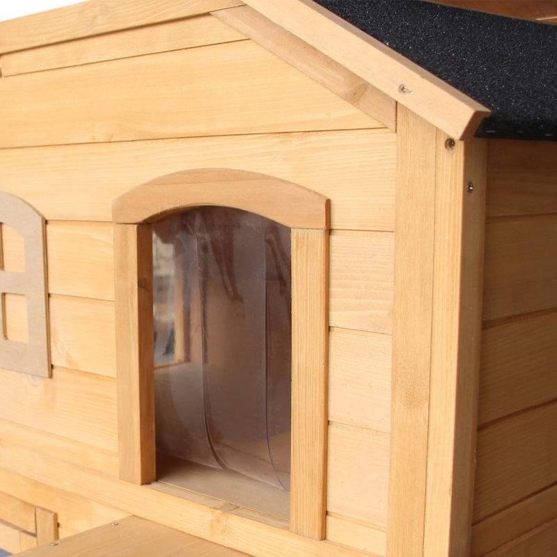 Wooden 2-Story Outdoor Cat House - Weatherproof, Natural Wood Finish