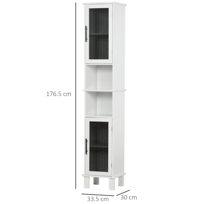 6-Tier White Bathroom Floor Cabinet with Glass Doors