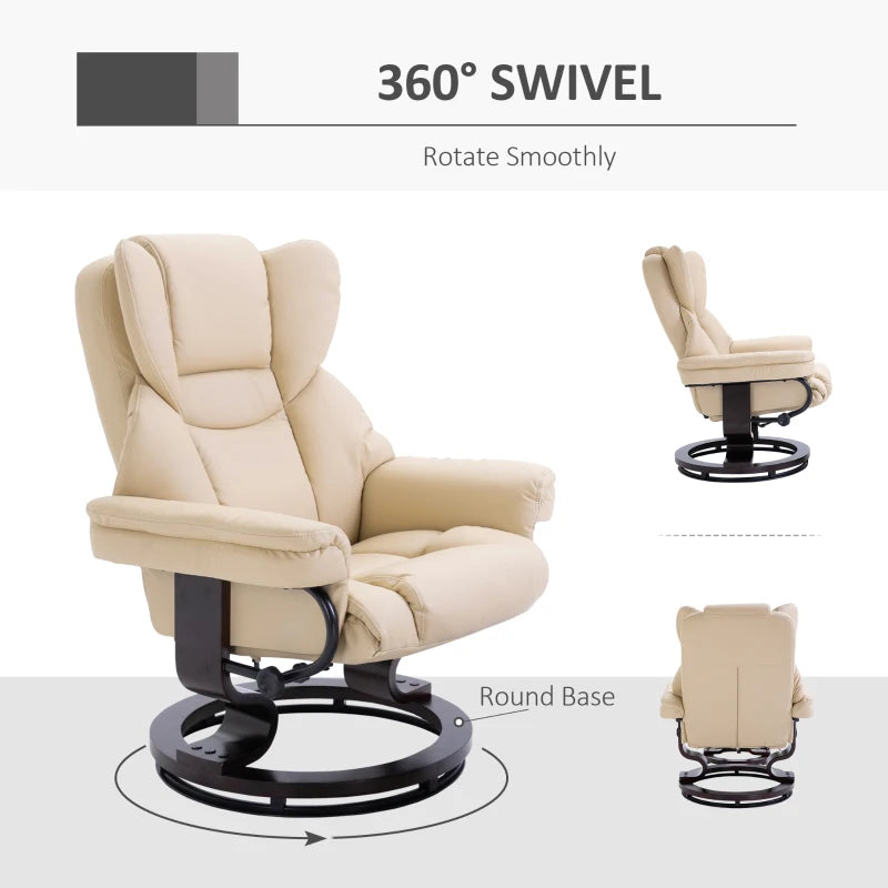 Cream Faux Leather Swivel Recliner Chair with Adjustable Backrest & Footstool