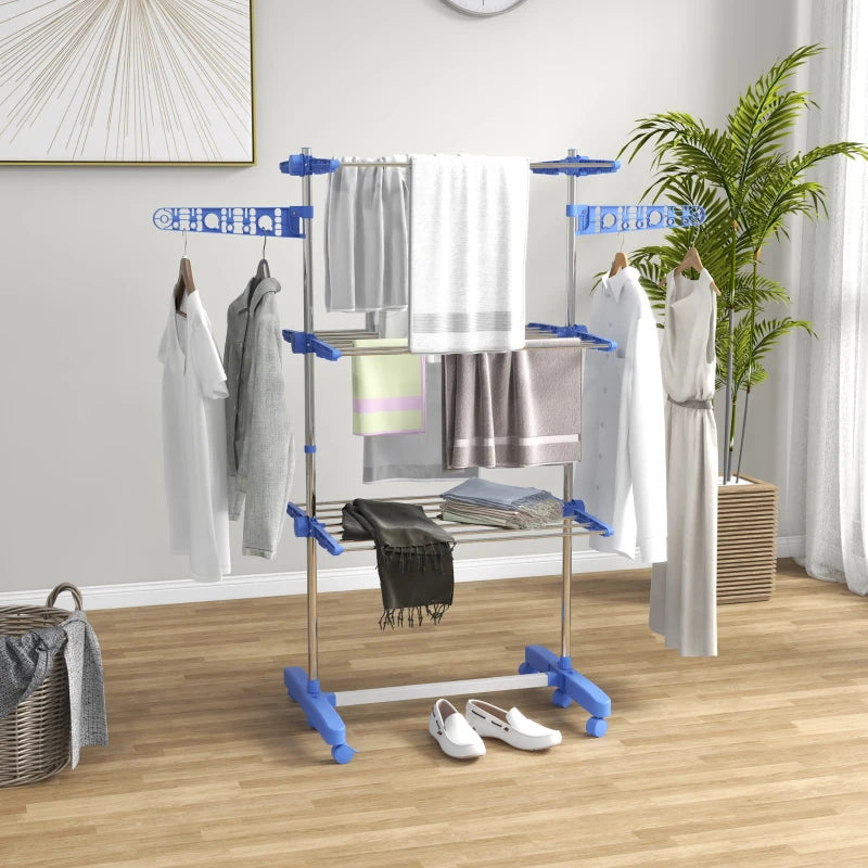 Blue Folding Clothes Drying Rack with Side Arms and Wheels