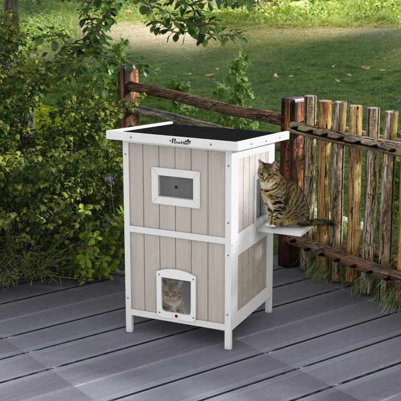 Wooden 2-Tier Cat Shelter with Escape Doors & Asphalt Roof - Light Grey