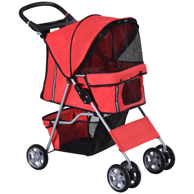 Red Pet Stroller for Small Pets - Foldable Travel Carriage with Wheels