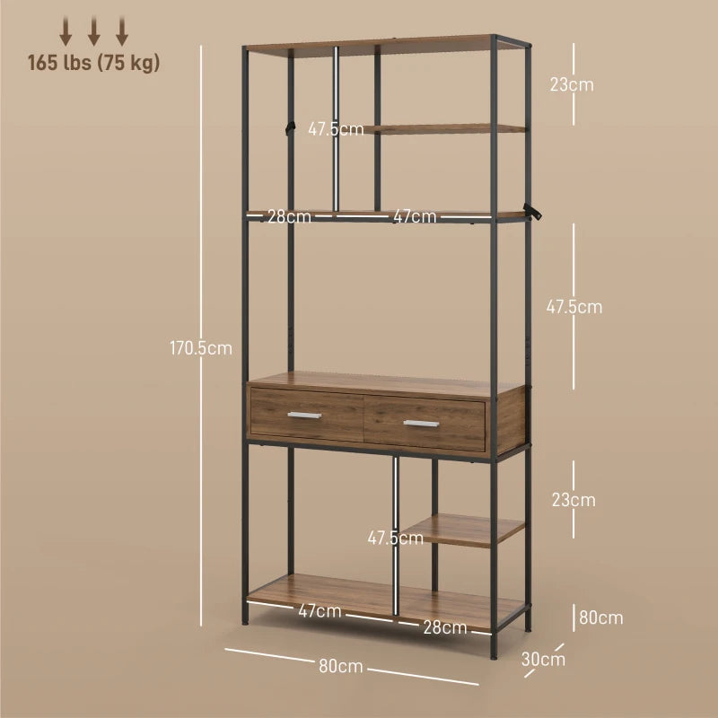 Seven-Shelf Industrial Display Shelf with Drawers - Brown/Black