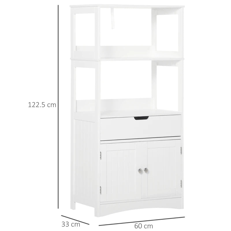 White Bathroom Floor Cabinet with Shelves, Drawer, and Doors