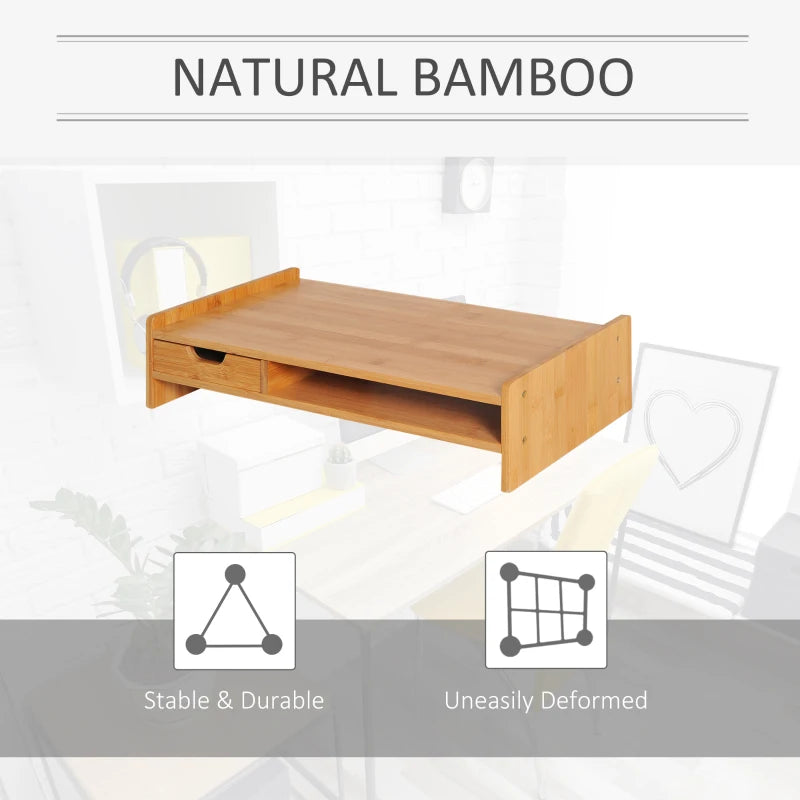 Bamboo Monitor Riser Stand with Drawer - Natural Wood Desk Organizer