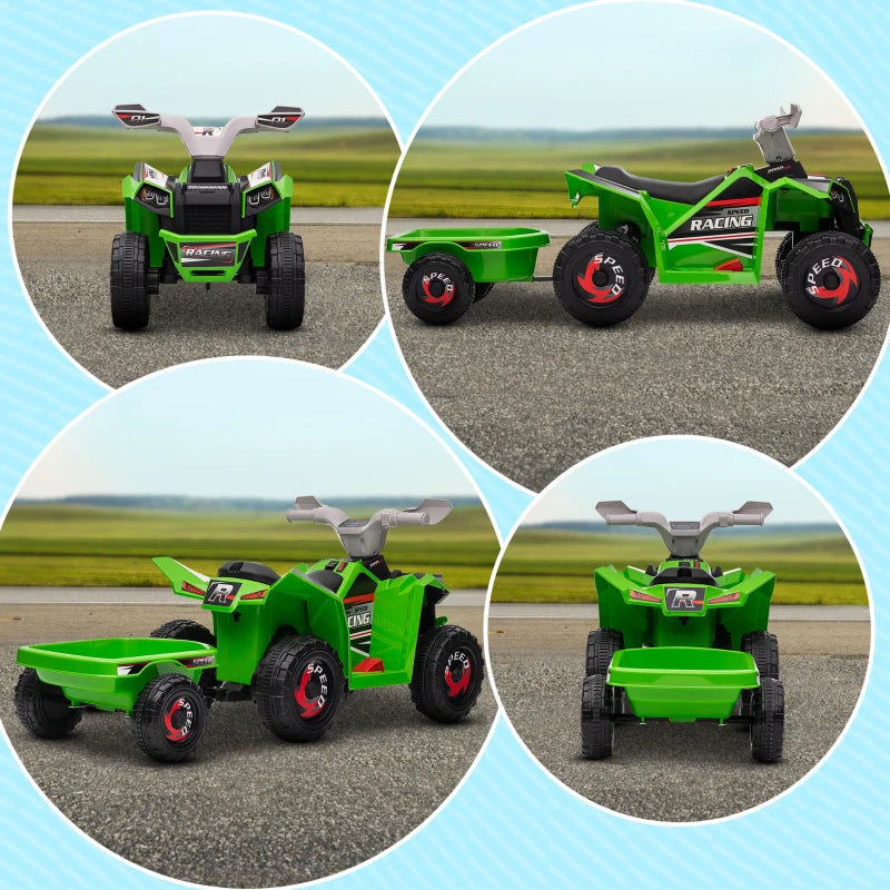 Green 6V Quad Bike with Back Trailer for Toddlers, Wear-Resistant Wheels