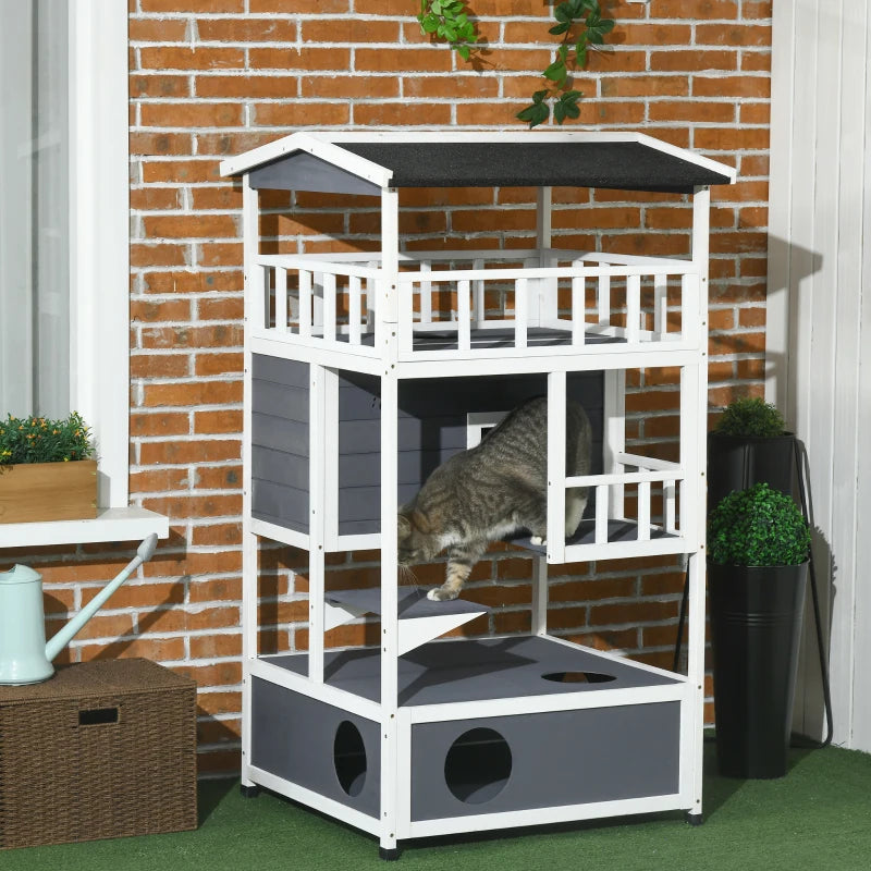 Grey Wooden 3-Tier Outdoor Cat House with Tilted Roof and Waterproof Paint