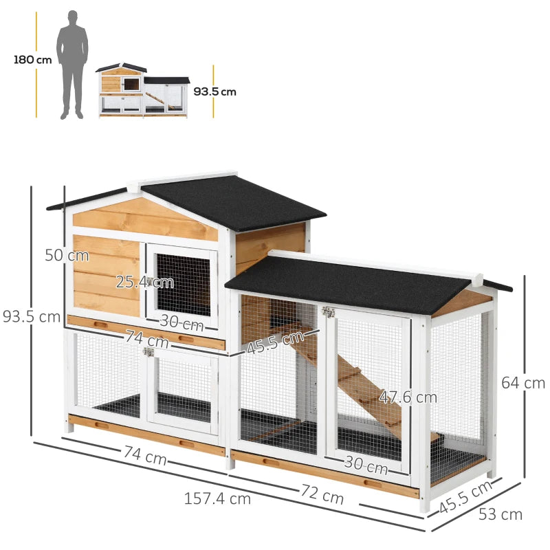 Yellow 2 Tier Rabbit Hutch with Run, Outdoor Pet Cage, 157.4 x 53 x 93.5cm