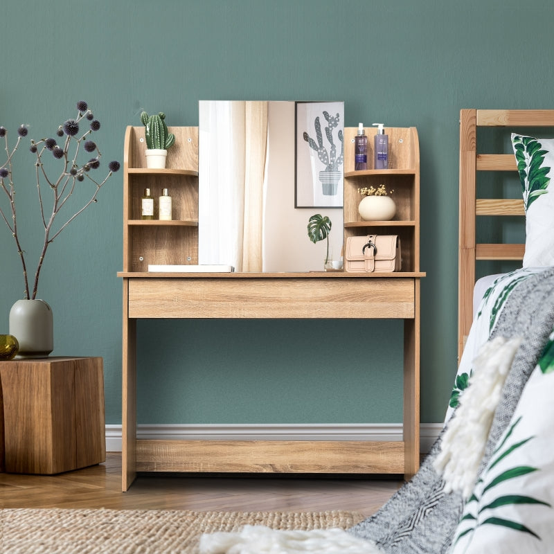 Natural Wood Dressing Table with Mirror and Storage