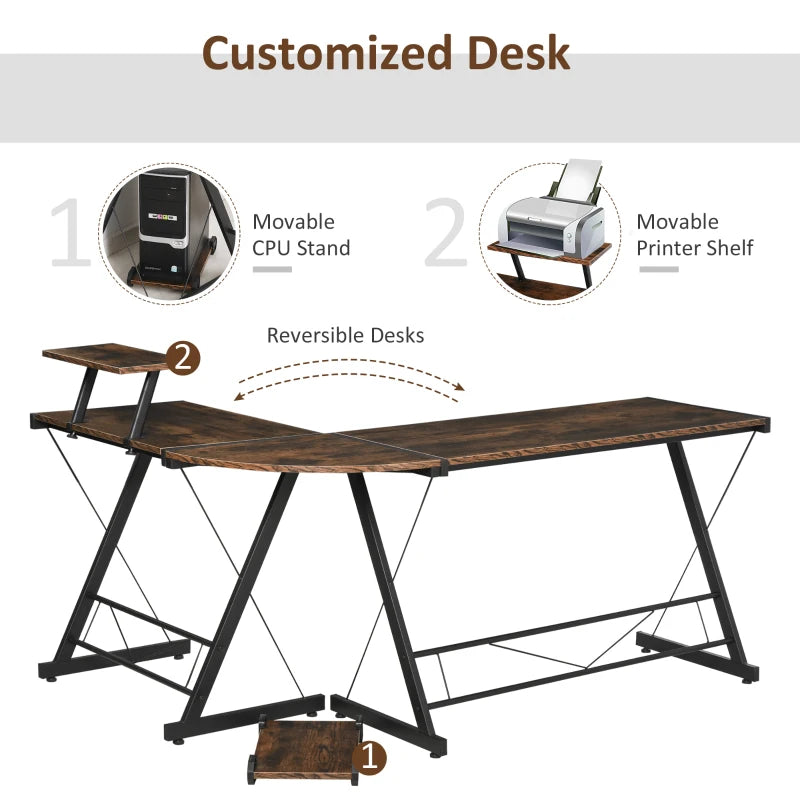 Rustic Brown and Black L-Shaped Computer Desk with Monitor and CPU Stand