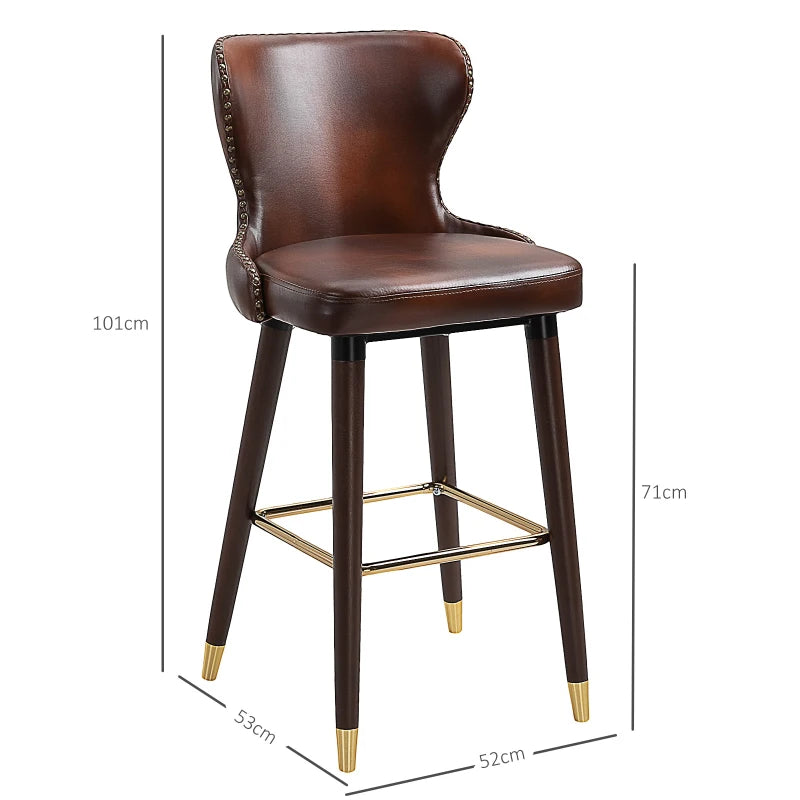 Brown PU Leather Bar Stools Set of 2, Retro Kitchen Chairs with Wingbacks and Footrest