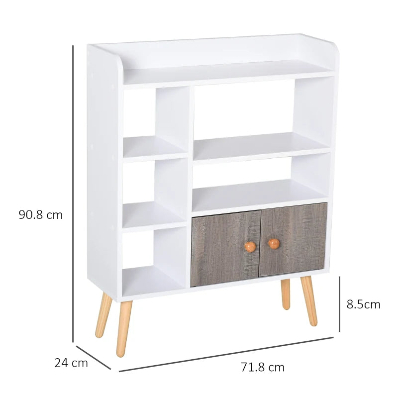 White Modern Multi-Shelf Bookcase with Cabinet - 6 Shelves, Wood Legs