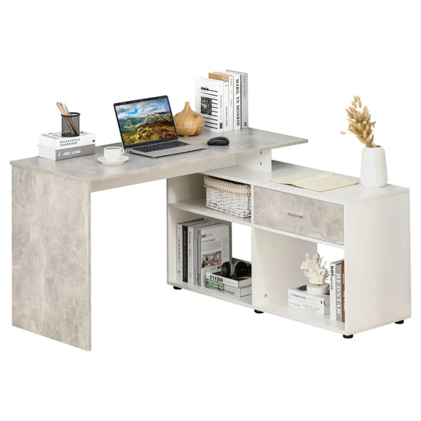 Grey and White L-Shaped Corner Desk with Drawers and Shelves