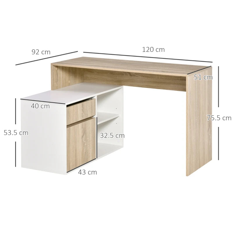 Oak and White L-Shaped Corner Computer Desk with Storage Drawer