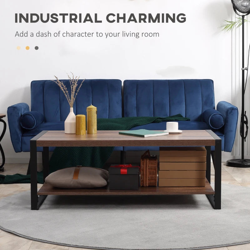 Brown Industrial Coffee Table with Shelf and Steel Frame, 120x60x45cm