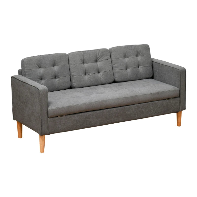 Grey Tufted 3 Seater Sofa with Hidden Storage and Wood Legs