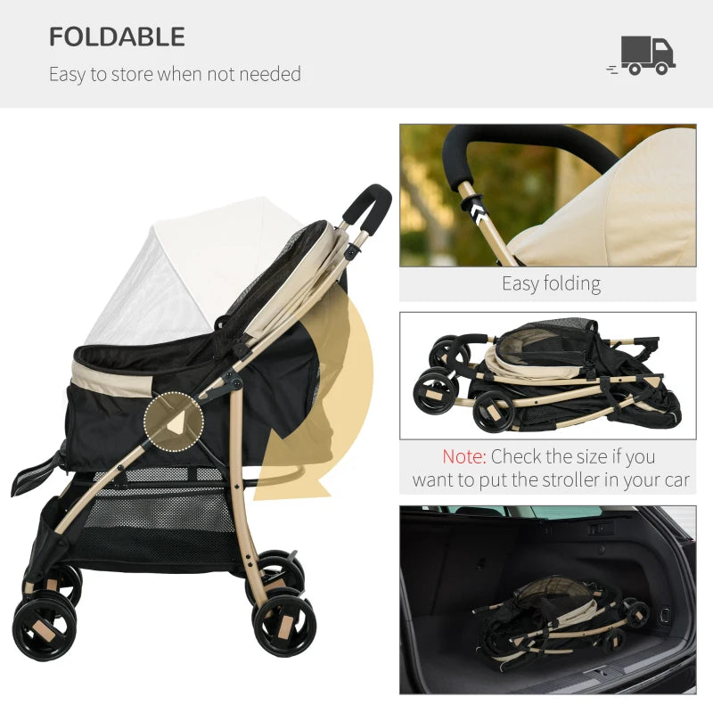 Khaki Pet Stroller for Small Dogs with Rain Cover