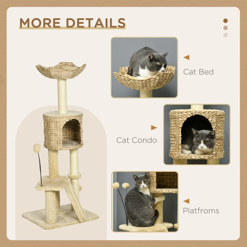 Beige Cat Tree Tower with Scratching Post, House, Bed, Toy Ball, Platform