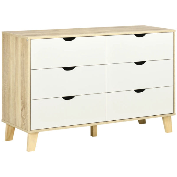 6-Drawer White and Light Brown Bedroom Dresser with Wood Legs