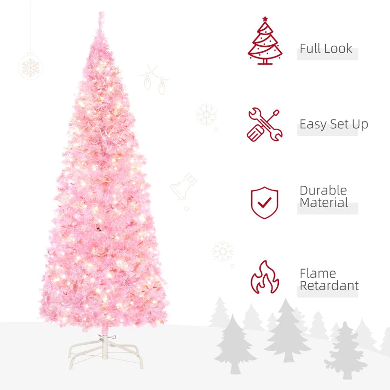 5FT Pink Prelit Pencil Slim Christmas Tree, 250 Warm White LED Lights, 408 Tips