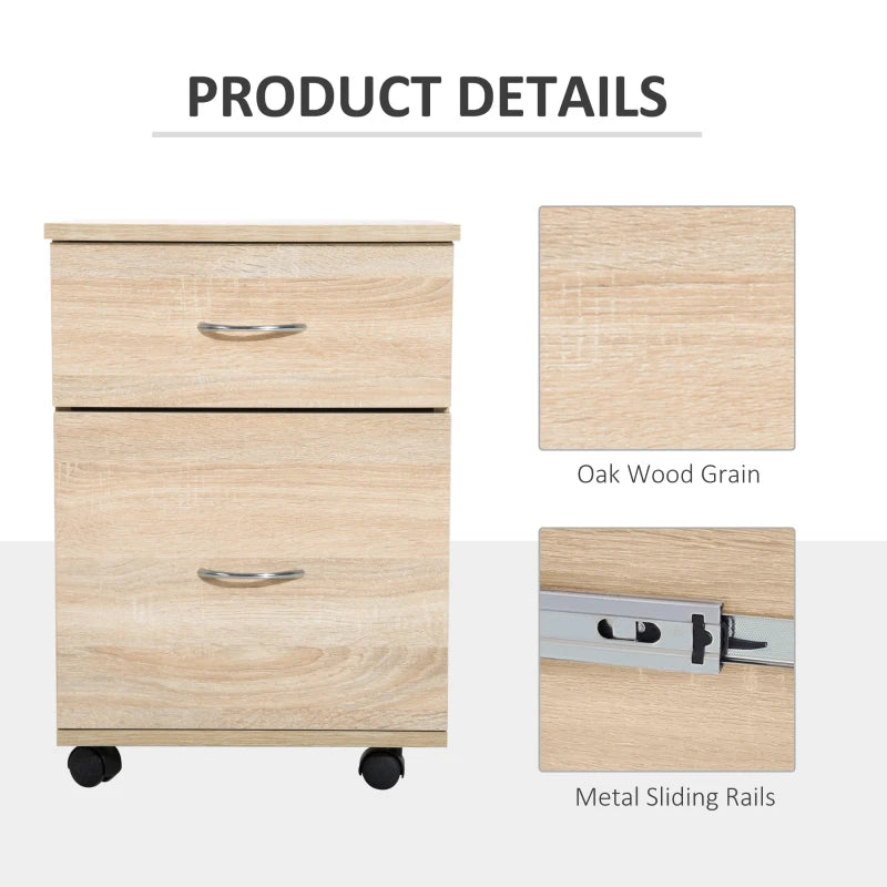 Oak 2-Drawer Mobile Filing Cabinet for Home Office