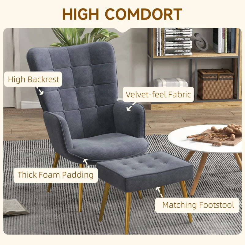 Dark Grey Velvet Armchair Set with Ottoman - Modern Steel Legs Accent Chair for Living Room, Bedroom