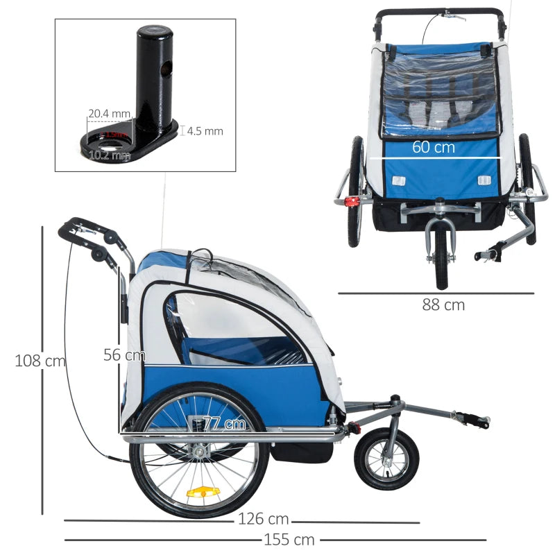 Blue 2-Seater Bike Trailer for Baby and Child with Canopy & Storage