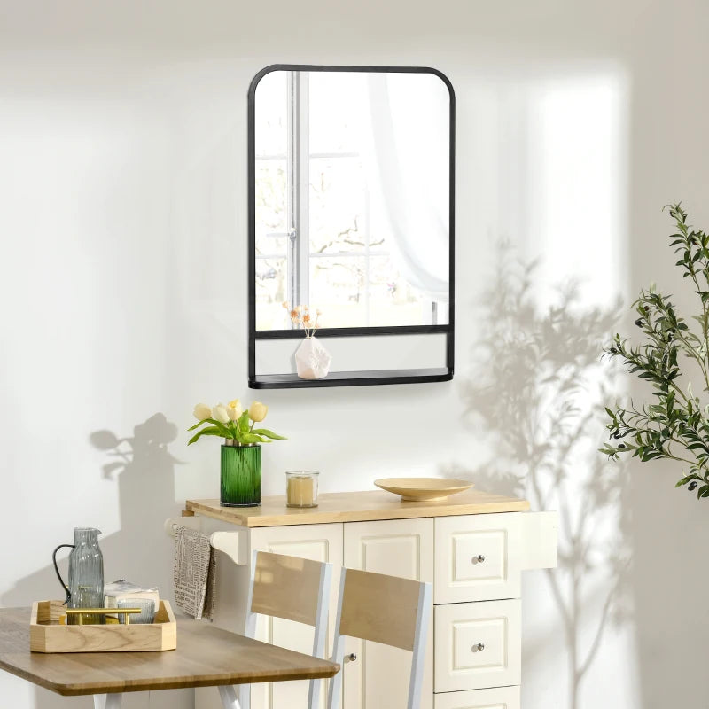 Black Square Wall Mirror with Storage Shelf, 70 x 50 cm - Modern Mirrors for Living Room, Bedroom