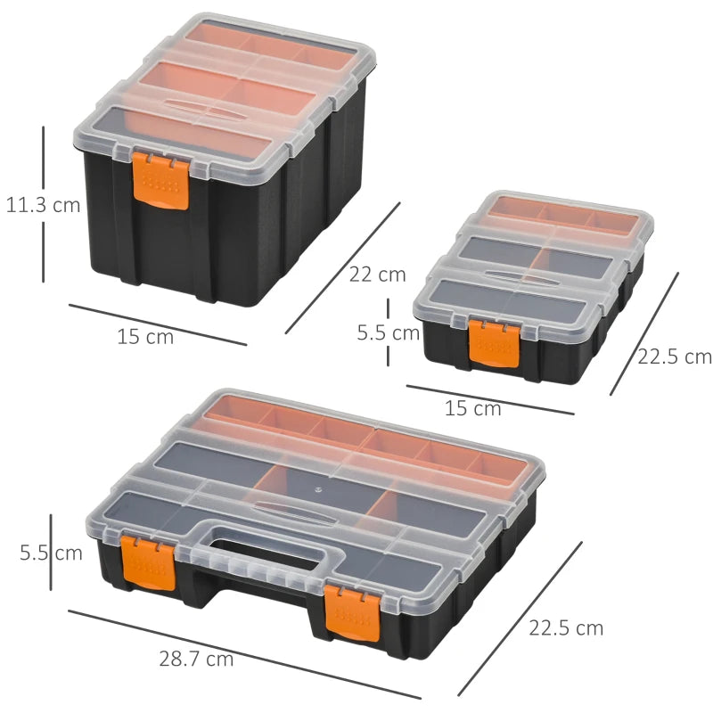 4-Piece Black and Orange Plastic Tool Storage Boxes with Dividers and Locking Lids