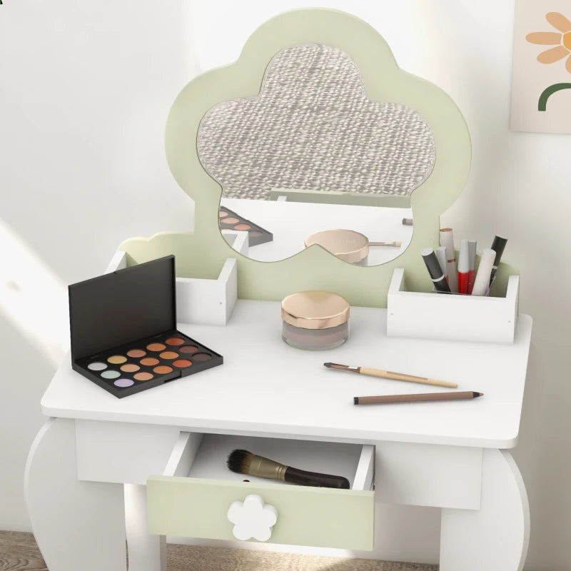 Kids White Vanity Table Set with Mirror, Stool, Drawer, and Flower Design