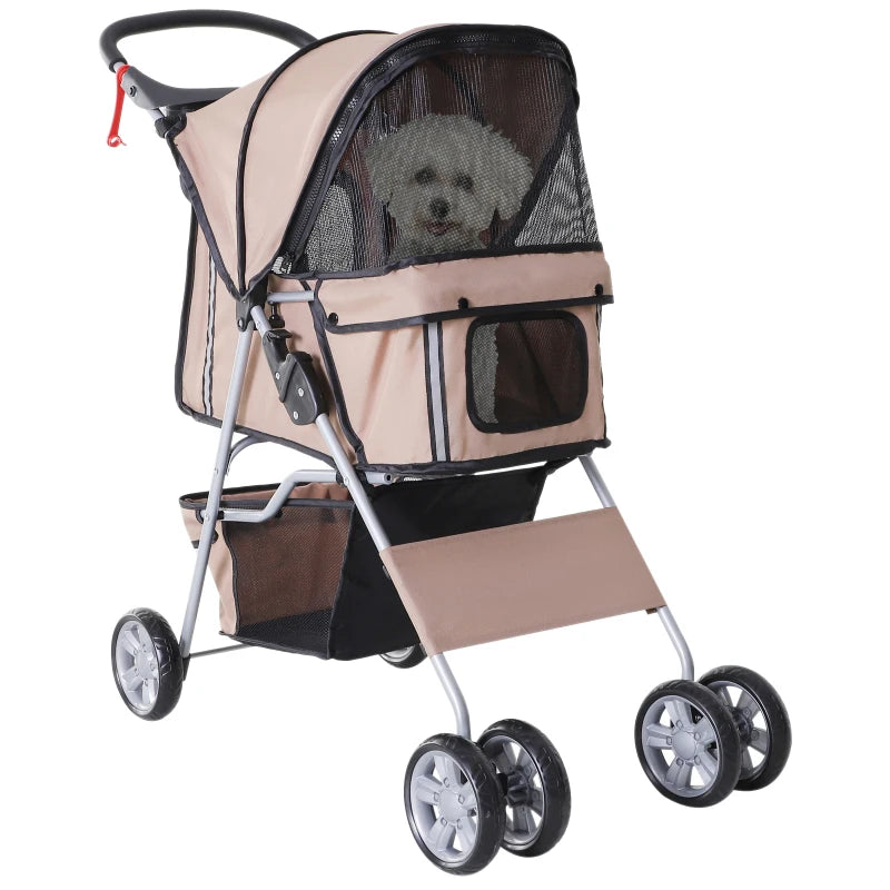 Brown Pet Stroller for Small Pets with Zipper Entry and Storage