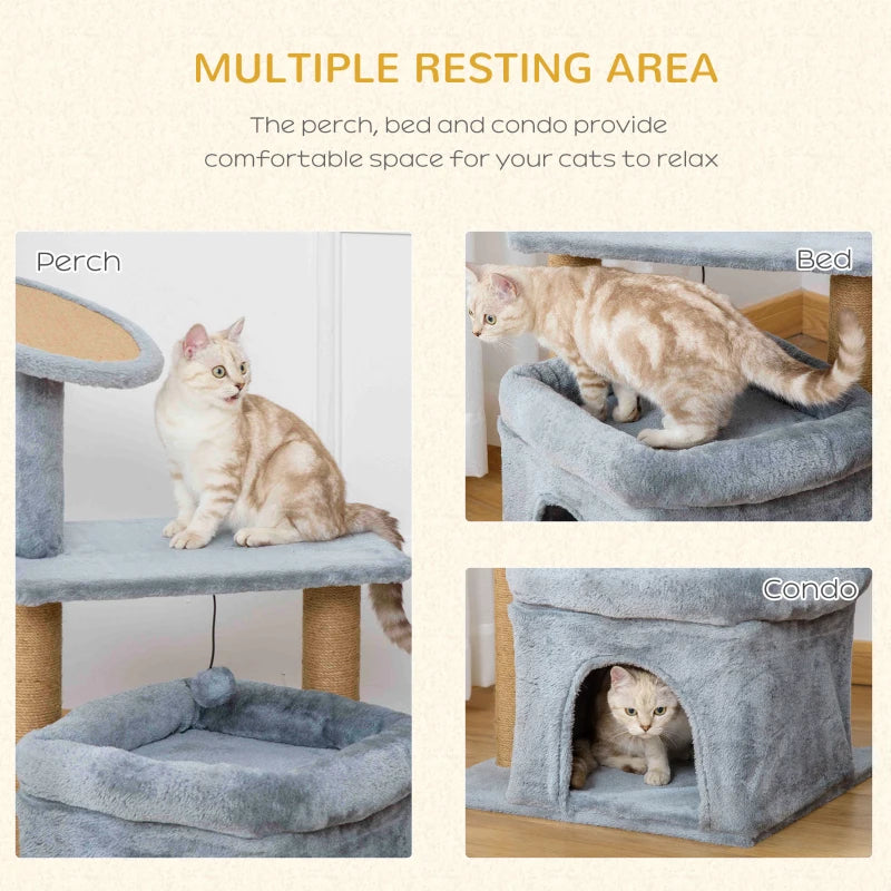 Grey Cat Tree Tower with Scratching Post and Interactive Toy - 48 x 48 x 84cm