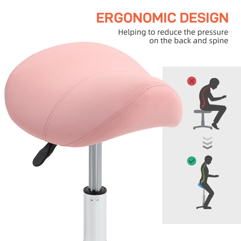 Height Adjustable Pink Salon Saddle Stool, Faux Leather