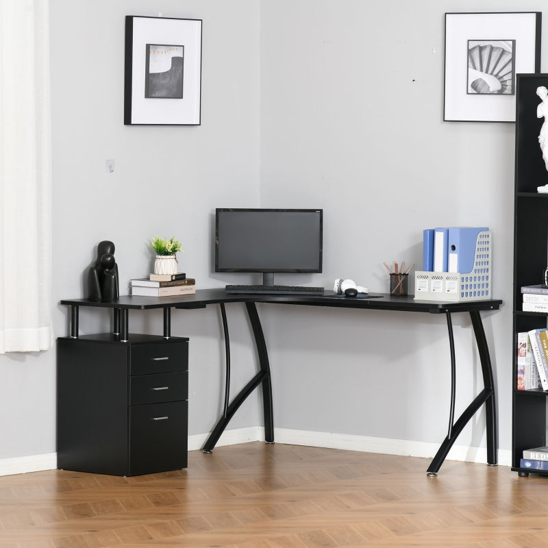 Black L-Shaped Industrial Style Office Desk with Storage Drawer - 143.5 x 143.5 x 76cm