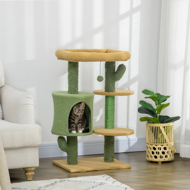 Green Cactus Cat Tree with Teddy Fleece House & Scratching Posts