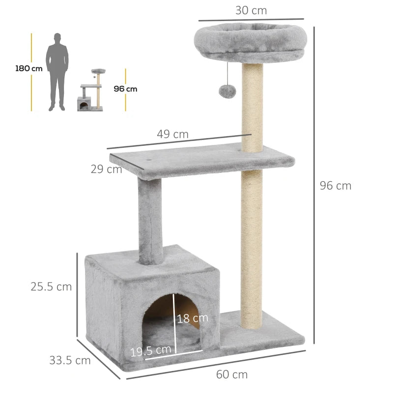 Grey Cat Tree Condo with Scratching Post and Dangling Ball