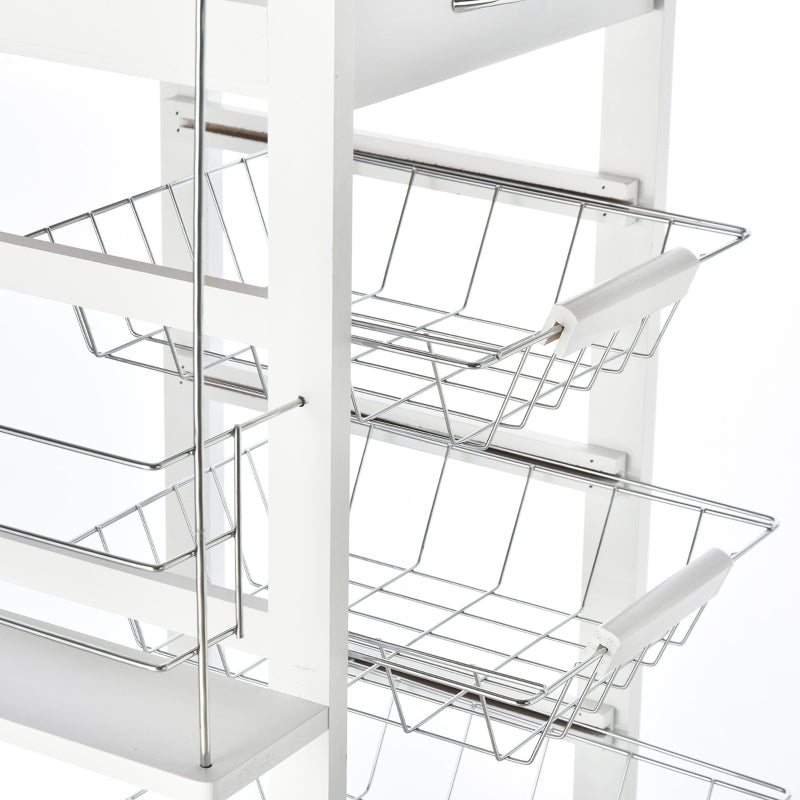 White Rolling Kitchen Cart with 4 Basket Drawers & Side Racks