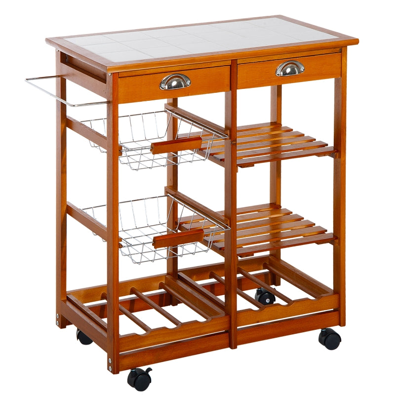 Rolling Kitchen Cart with Drawers, Baskets, Wine Rack & Tile Top - Natural Wood