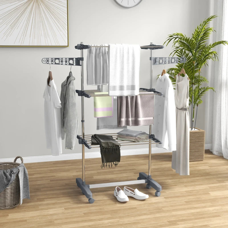 Grey 3-Tier Folding Clothes Drying Rack with Side Arms and Wheels