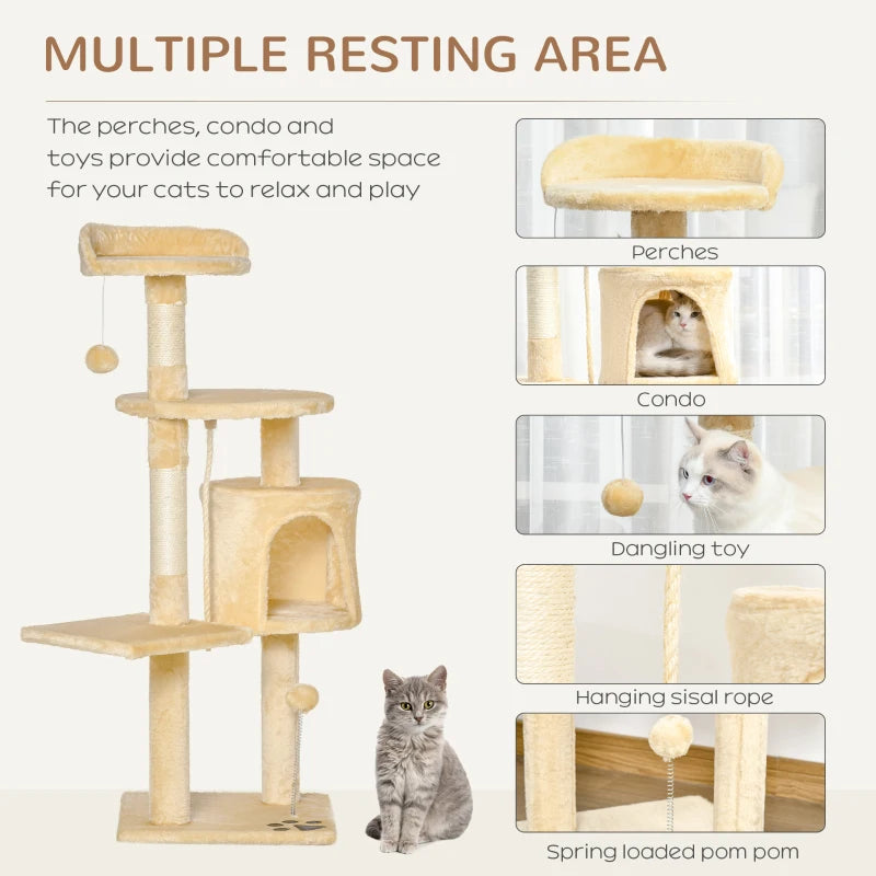 Beige Cat Tree Condo with Toys - 4-tier 114cm Tall