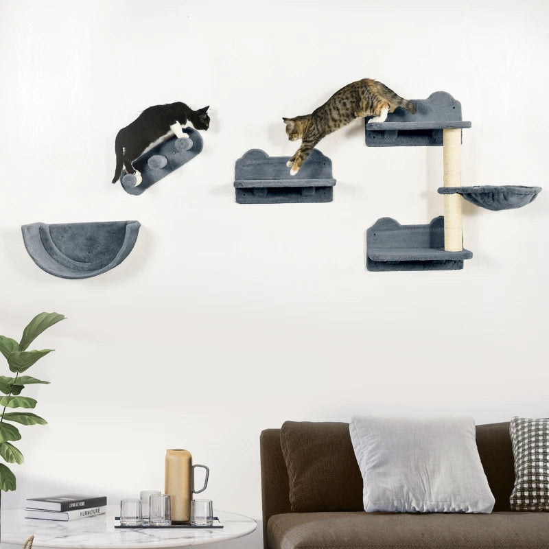 Grey Cat Wall Shelves Set with Scratching Post, Hammock, Nest - 4PCs