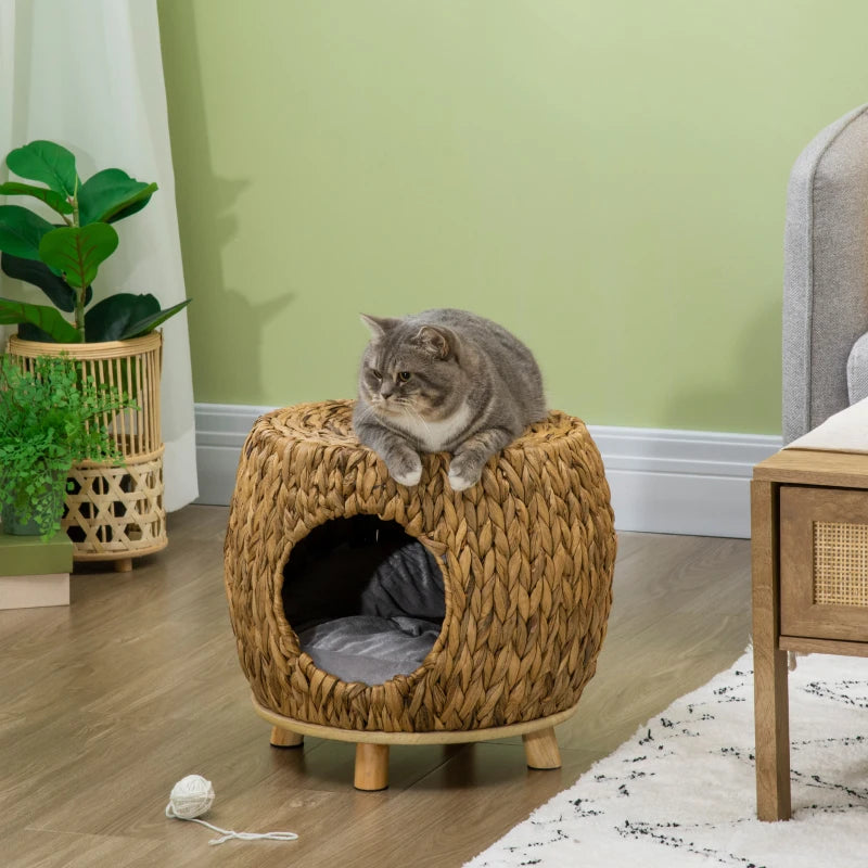 Rattan Cat Cave Stool with Washable Cushion - Indoor/Outdoor Kitten Bed (Grey)