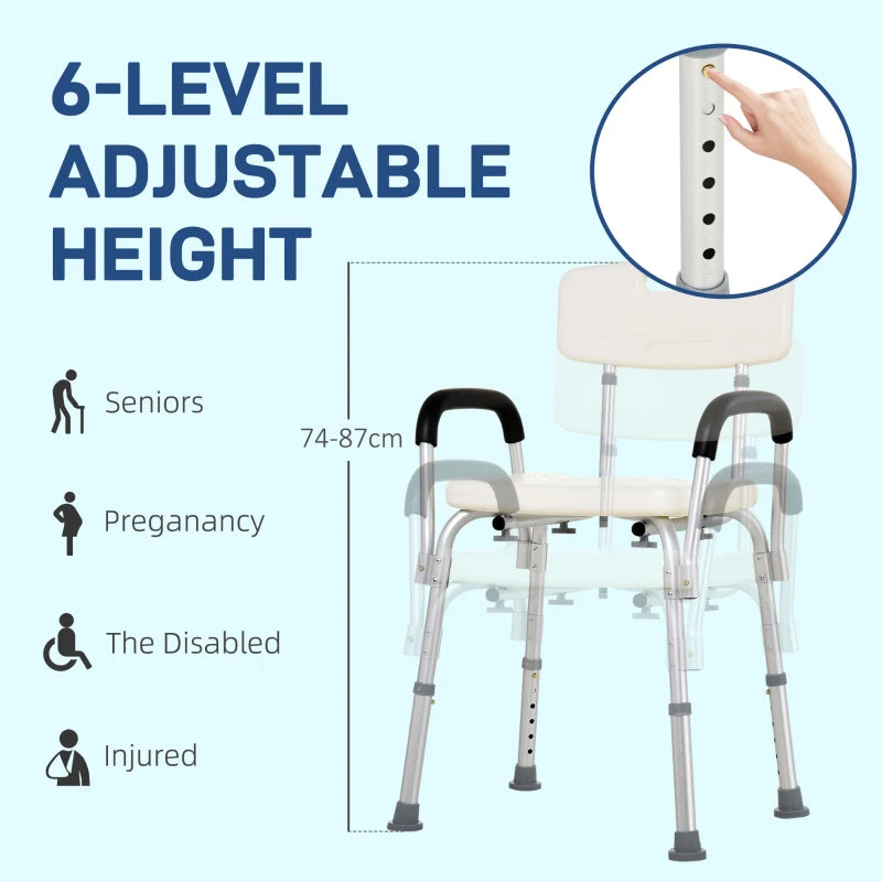 Adjustable Shower Chair with Back and Armrest, Portable Medical Stool - White