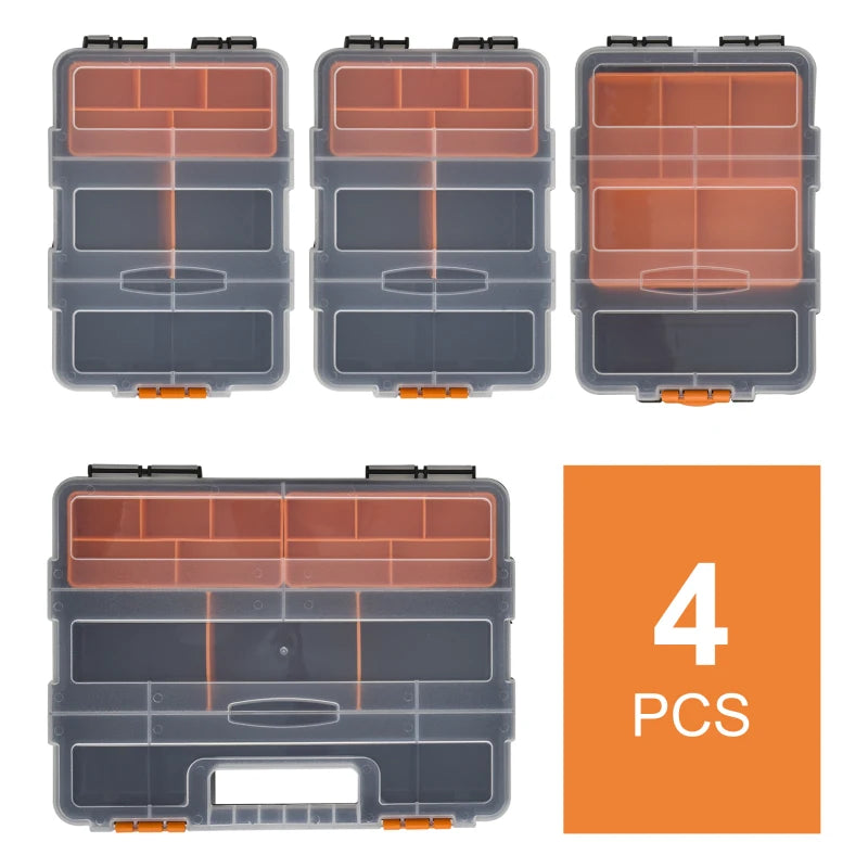 4-Piece Black and Orange Plastic Tool Storage Boxes with Dividers and Locking Lids