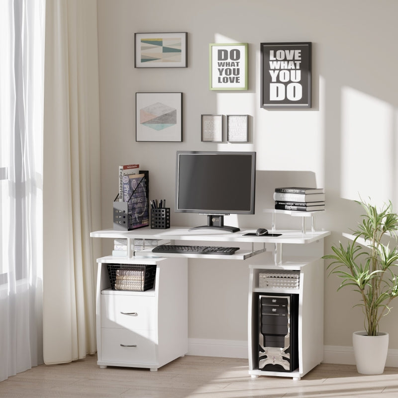 White Computer Desk with Keyboard Tray and Drawers