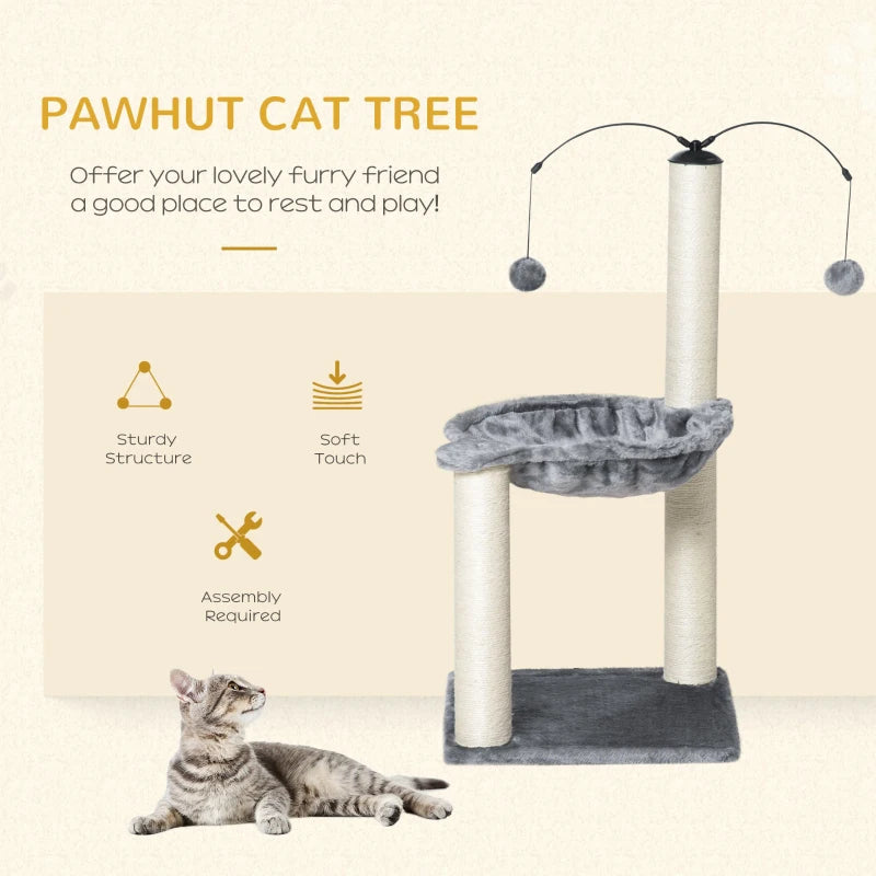 Grey Cat Tree Tower with Scratching Post, Hammock & Ball - 40x40x83 cm