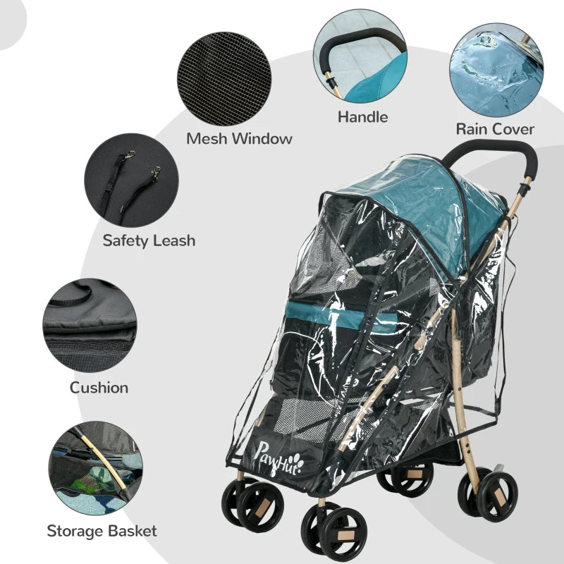 Dark Green Pet Stroller for Small Dogs with Rain Cover