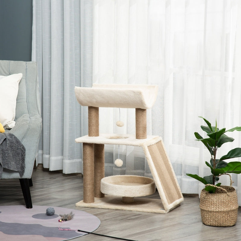 Cat Tree with Scratching Posts, Pad, Bed, Perch & Ball - Light Brown